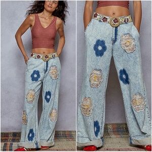 POL Mineral Wash Floral Print Patchwork Stretchy Waist Denim Wide leg Pants